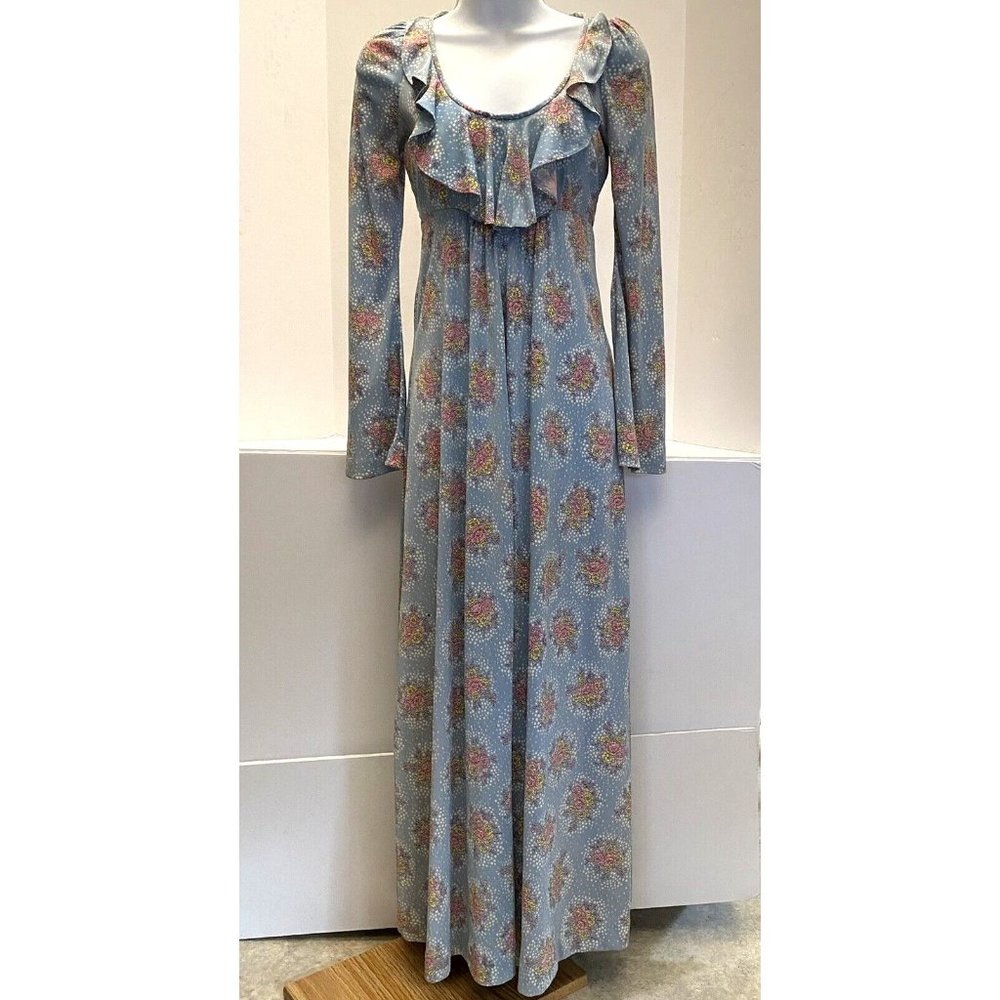 Vintage Phase II 70s Floral Maxi Dress Retro Hippy Boho Ruffled Empire Waist Sm